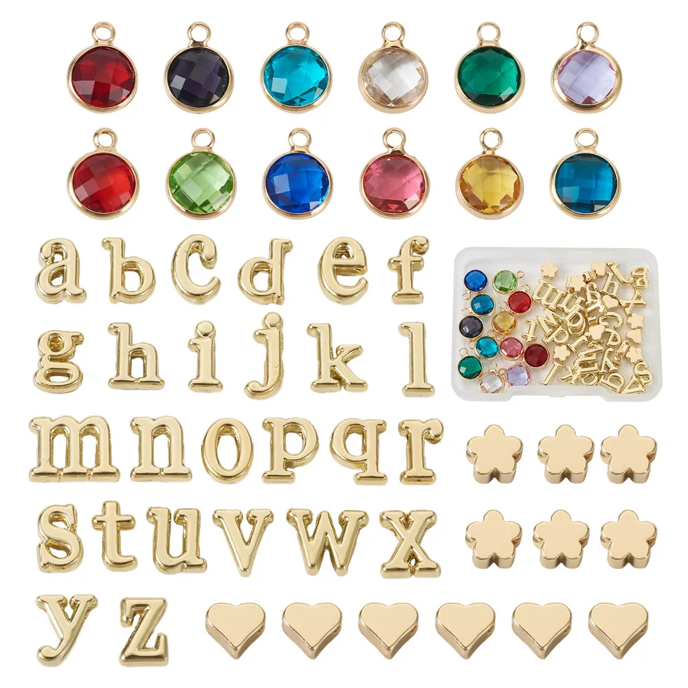 

50Pcs/box Brass Flower Beads Alloy Letter A-Z Charms Beads Birthstone Glass Pendant for Bracelet Necklace DIY Jewerly Making