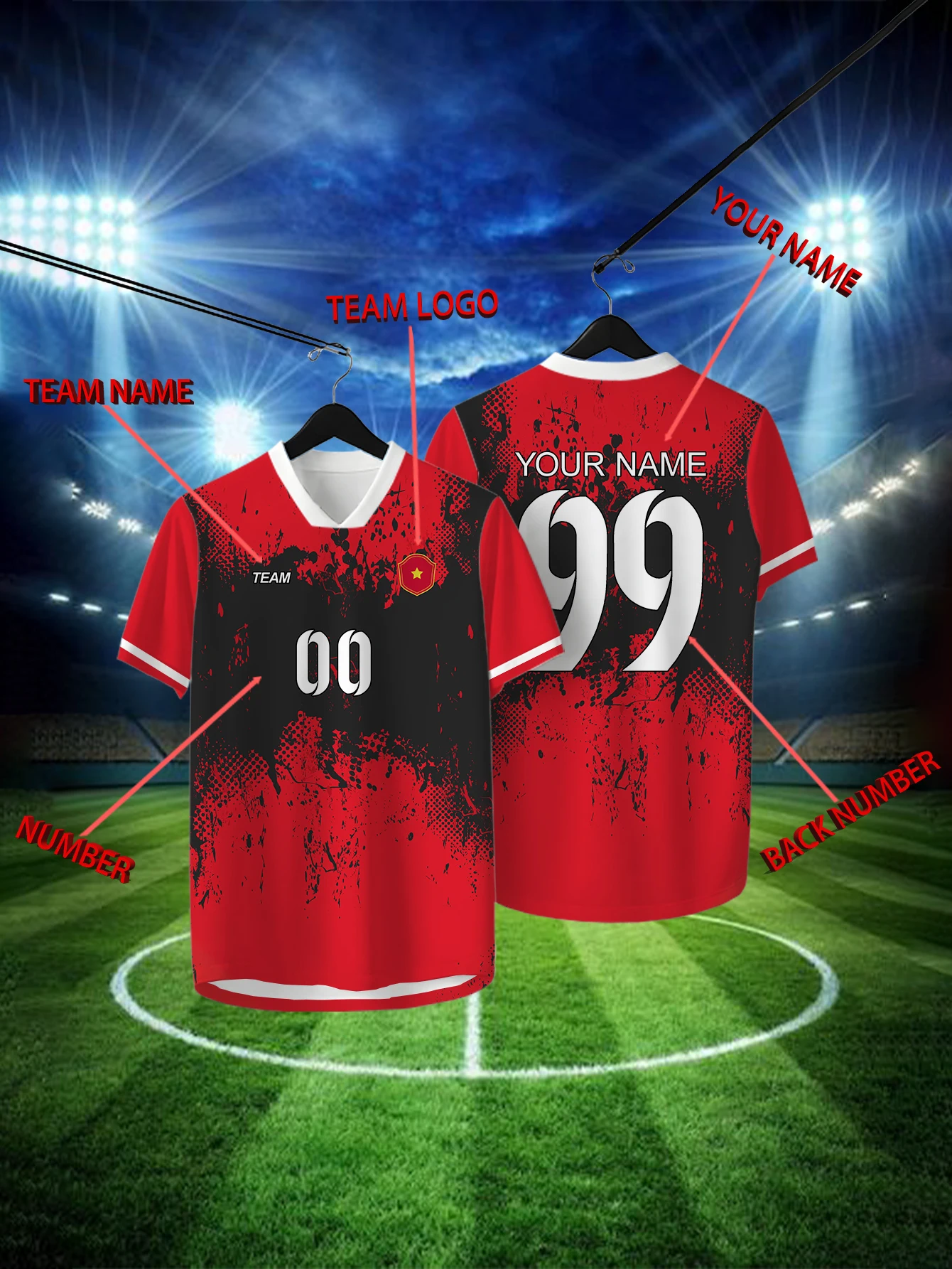 

Customized Geometric Red Short Sleeved Shirt with Team Name, Emblem, Name and Number, Outdoor Sports Short Sleeved T-shirt