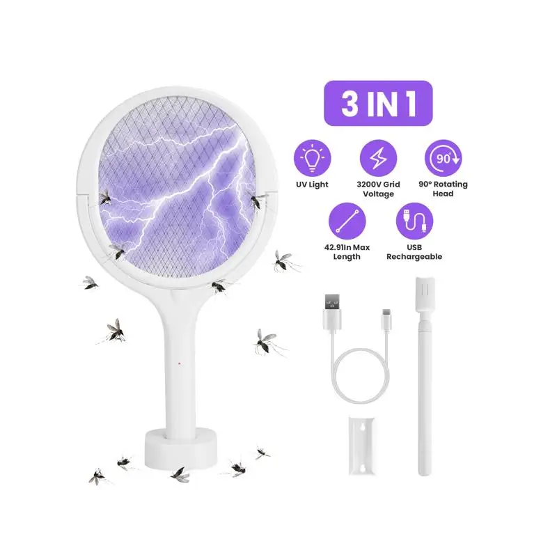 

3-in-1 Electric Bug Zapper Racket with 90° Rotating Handheld Mosquito Swatter and Telescopic Extension Wand for Indoor and