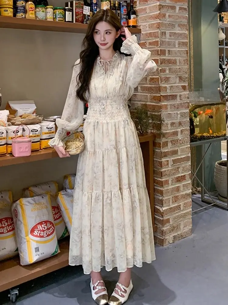 

Потрясающее женское летнее платье макси с цветочным принтом, приталенное, с длинными рукавами, французский стиль, V-образный вырез, из других материалов, юбка