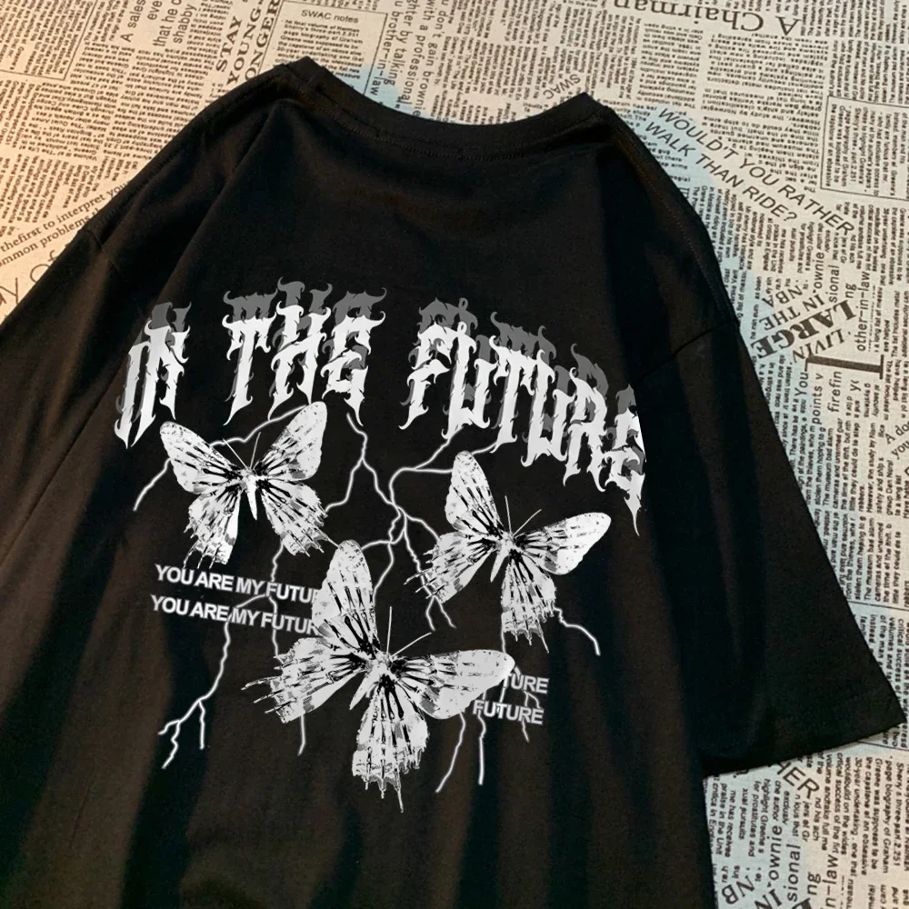 In The Future Dark Black Butterfly Tshirts Men Women Hip Hop Breathable Top Summer Couple Tee Clothes T-Shirt Funny Cotton Shirt