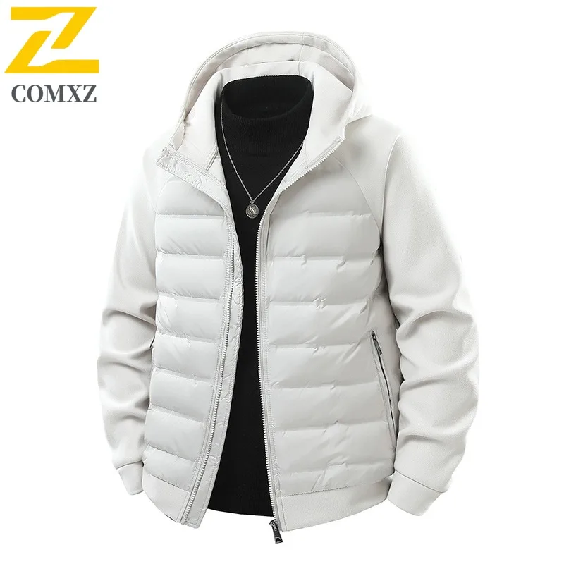 COMXZ Premium Men Down Jacket Splicing Hooded Outdoor Adventure Thickened Warm Parka Hiking Lightweight Comfort Winter Down Coat