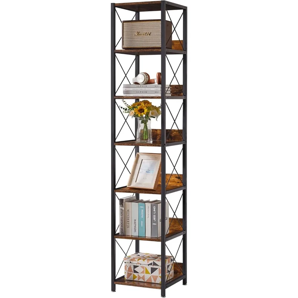 6-Tier Tall Narrow Bookcase,Wood Corner Shelf Storage Display Rack for Small Spaces,Free Standing Open Bookshelf Square Shelf T