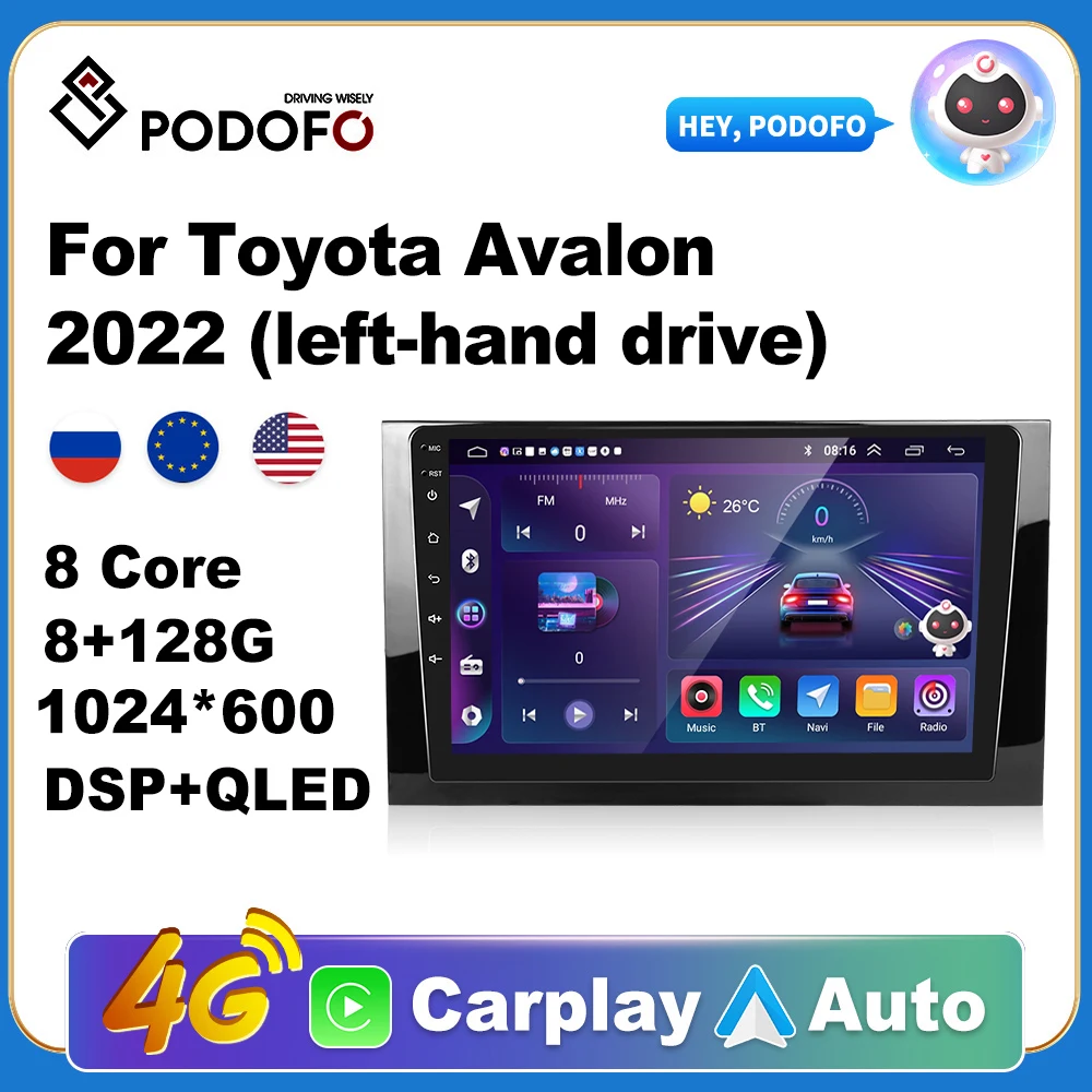 Podofo Wireless CarPlay Andorid Auto Car Radio For Toyota Avalon 2022 AI Voice Multimedia GPS 2din autoradio