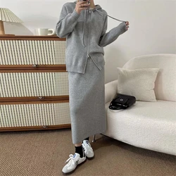 Koreanische faule Stil Frauen Strick pullover lässig Set Herbst Winter Kapuze Reiß verschluss Strickjacke Tops Strickwaren langen Rock zweiteiligen Anzug