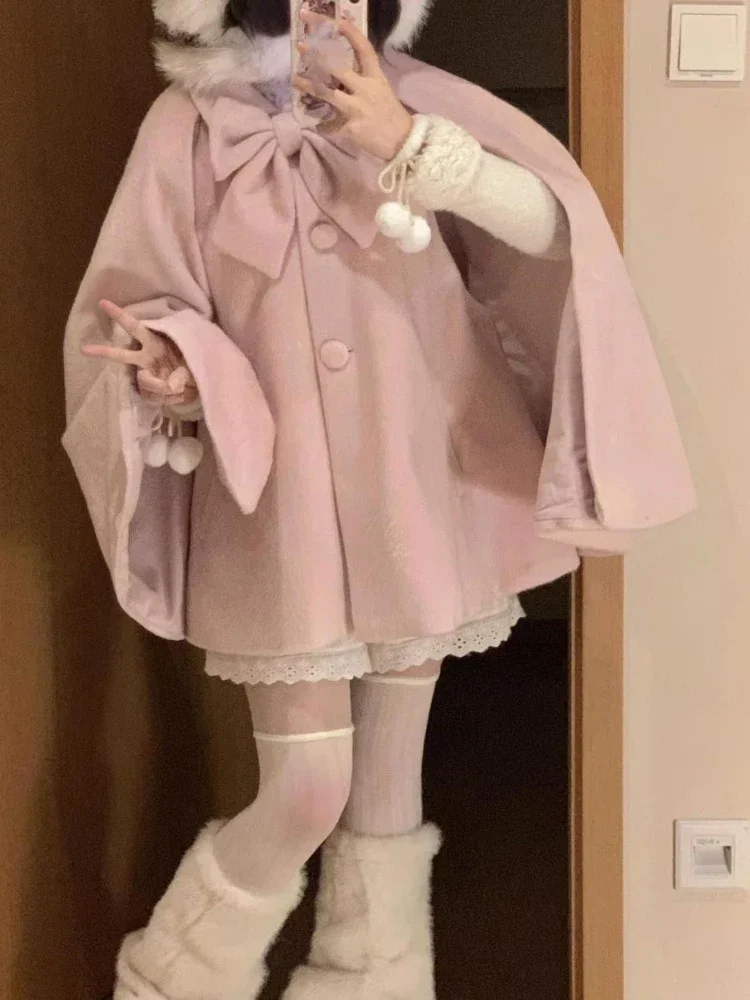 

Japanese Women Y2k Aesthetic Single Breasted Coats Lolita Sweet Bears Ears Hooded Cloak Jackets Harajuku Kawaii Solid Bow Jacket