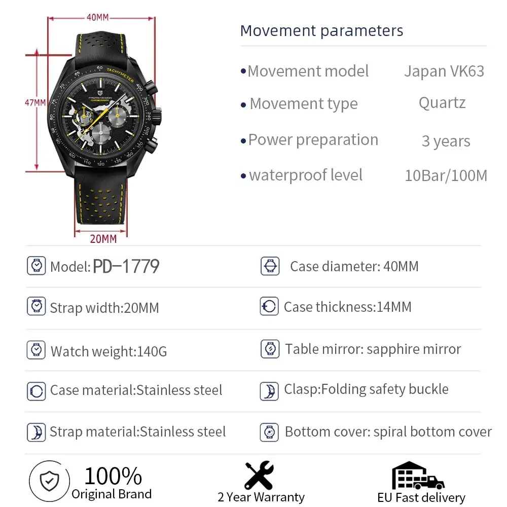 PAGANI DESIGN New Luxury Apollo watch for men AR Sapphire mirror 100M Waterproof watch Quartz Moon Chronograph Belt reloj hombre