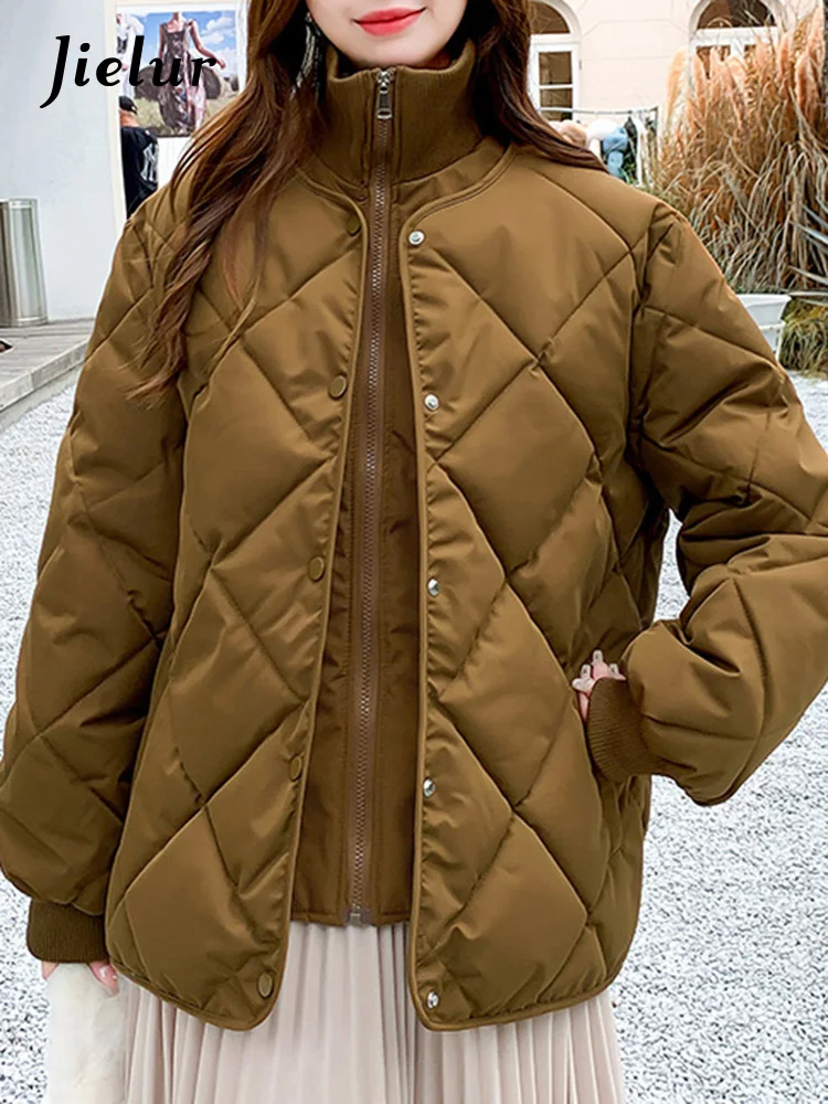 Jielur Ins Single Breasted Korean Casual Parkas Solid Color Fake Two Piece Set Chic Zipper Women Parkas Apricot Khaki Black Coat