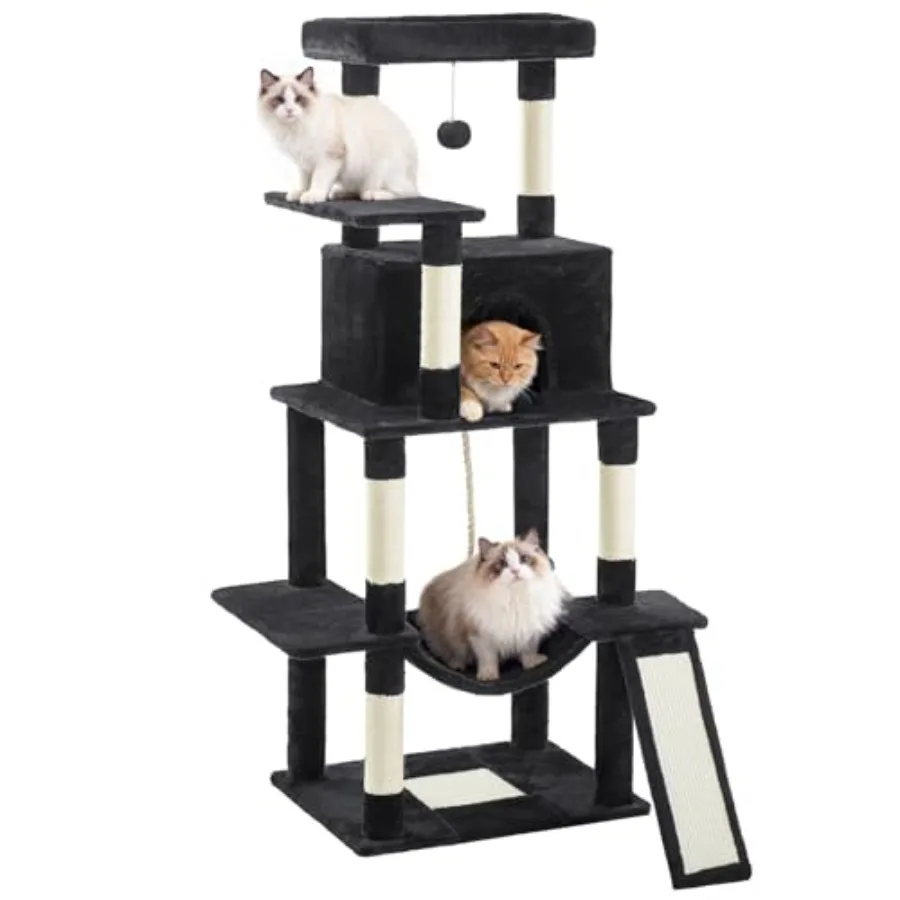 

63 Inch Multi-Level Cat Tree for Indoor Cats Up to 20 lbs Heavy Duty with Sisal Scratching Posts Hammock Condo and Extended Pla