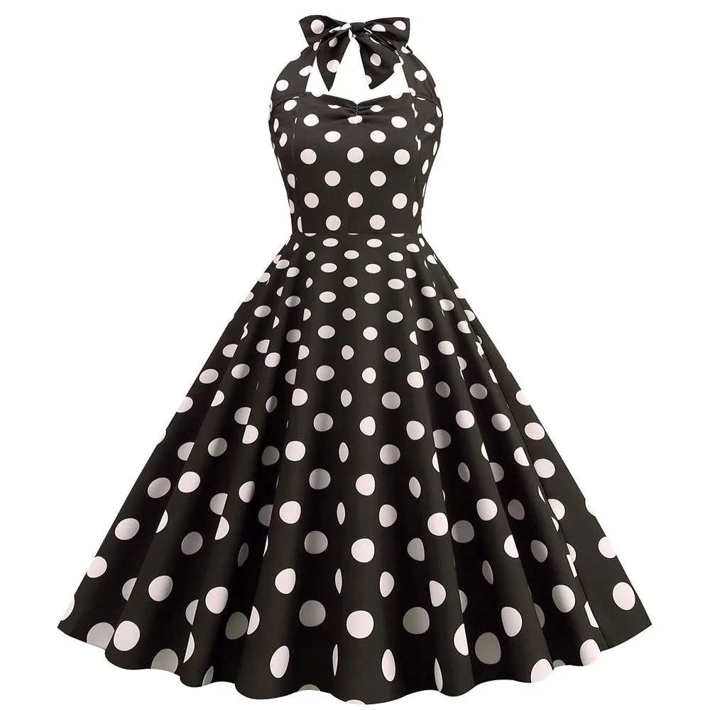 Süßes Polka Dot Neck holder Kleid Damen Vintage rücken freie Rücken Schleife Design Slim Fit Cinched Taillen kleid knielang bedruckte Vestido