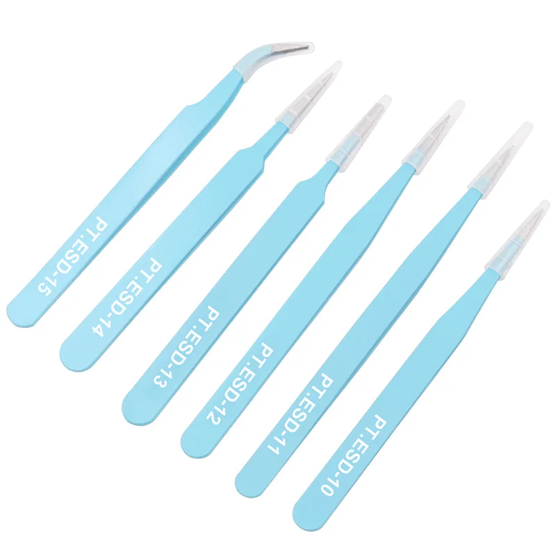 6PCs ESD Anti-Static Stainless Steel Tweezers Precision Maintenance Industrial Repair Curved Tool Home Working Model Making Hand