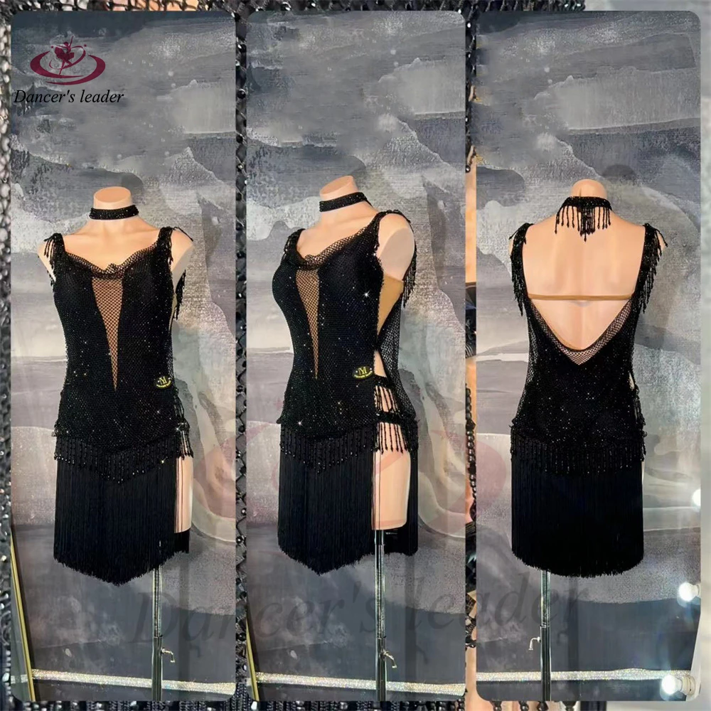 Vestido de baile latino AB Stone para mujer y adulto, vestido de flores de malla de diamante negro personalizado de gama alta, vestido de Samba de piscina negro