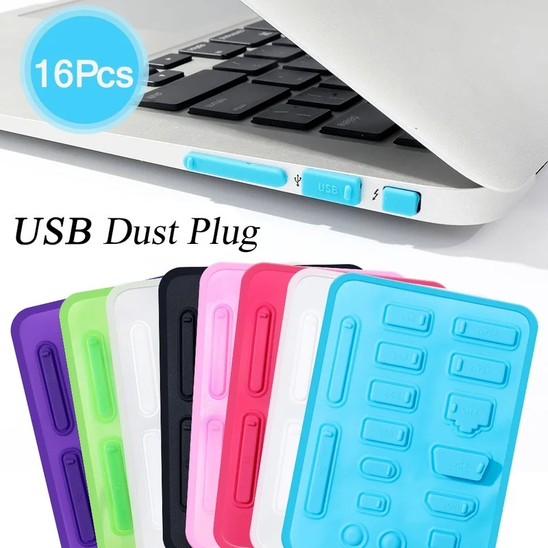 16pcs/set Silicone Dust Plugs for Laptop Port Protector Cover Notebook PC USB Interface Dustproof Waterproof Protection Plug