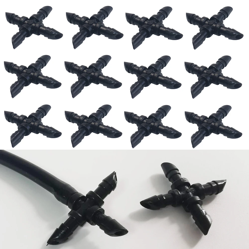 

200 Pcs garden drip irrigation cross shaped four-way pipe and 7mm inner diameter capillary tube for use Length 3.5cm/1.3in