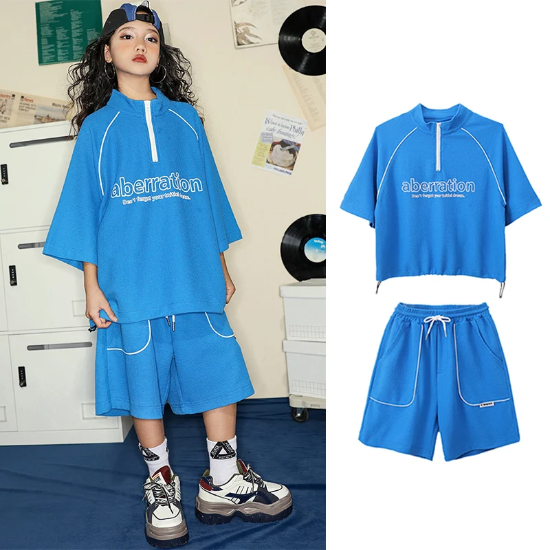 Street Dance Costume For Girls Blue Tops Shorts Kpop Jazz Dance Outfit Hip Hop Dancing Clothes Summer Loose Tracksuit DL10619