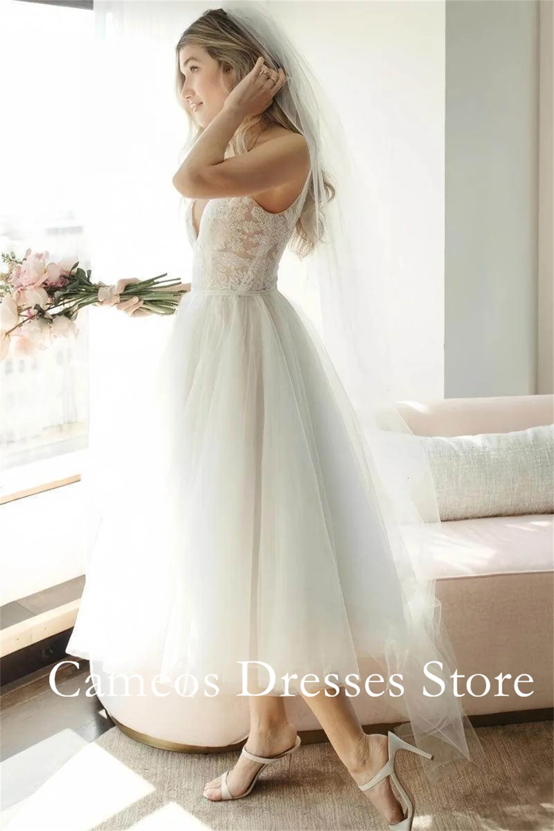 SONDR Customized Spaghetti Straps Backless Ivory Wedding Dresses A-Line Knee Length Tulle Brides Gowns Women Bridal Dresses