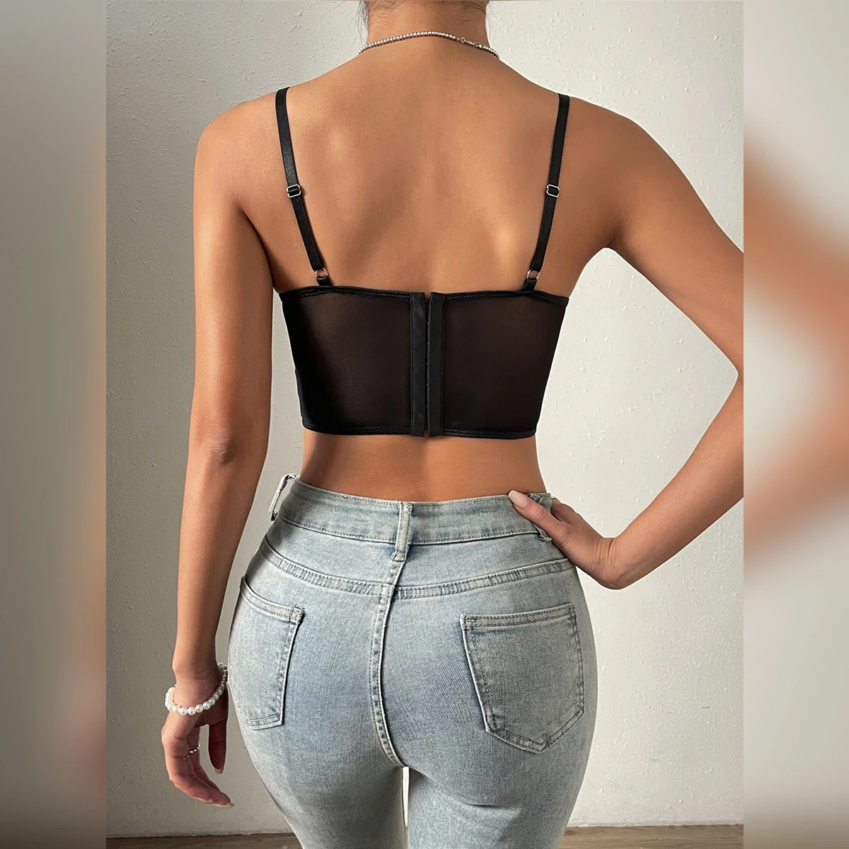 New Pearl Chain Decoration Fishbone Skinny Halter V Neck Crop Top Women,Lace Hollowing Mesh See Through Tank Vest Sexy Corset