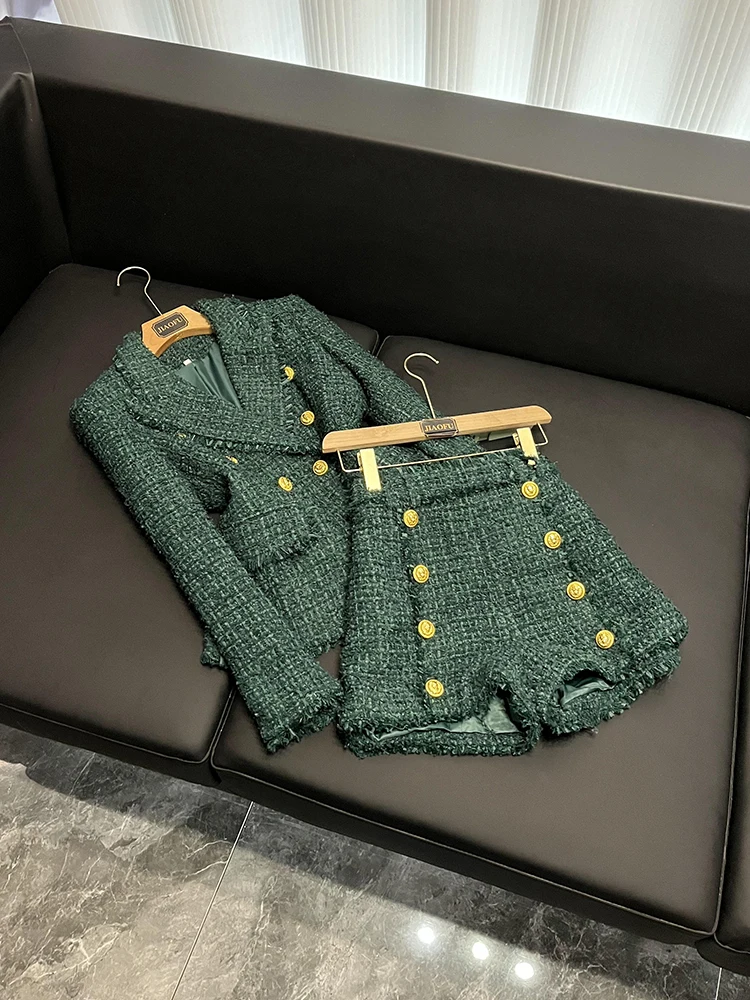 

Slim Fit ort Suit Jaet And orts Set in een Tweed High-End Fabric with Fringe Detail for Women Commute Sle A984