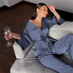 Women's 2024 Matching Sets Pajamas With Belt Satin Tow Pieces Suit Soft Loose Pyjamas Casual Solid Sleepwear Female Home Clothes