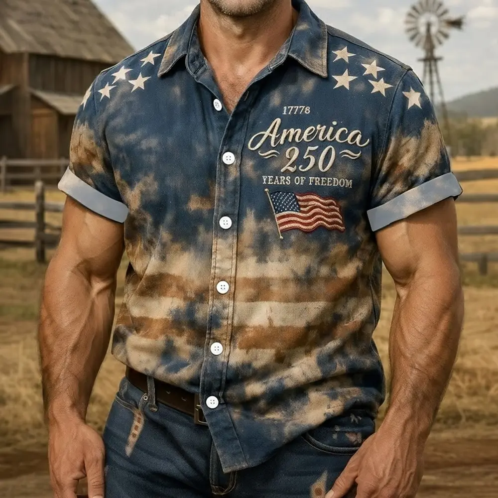 Men's Eagle US Flag America's 250th Anniversary Shirt Western Shirt Button Up Shirt Short Sleeve Patriotic Holiday Summer Spring