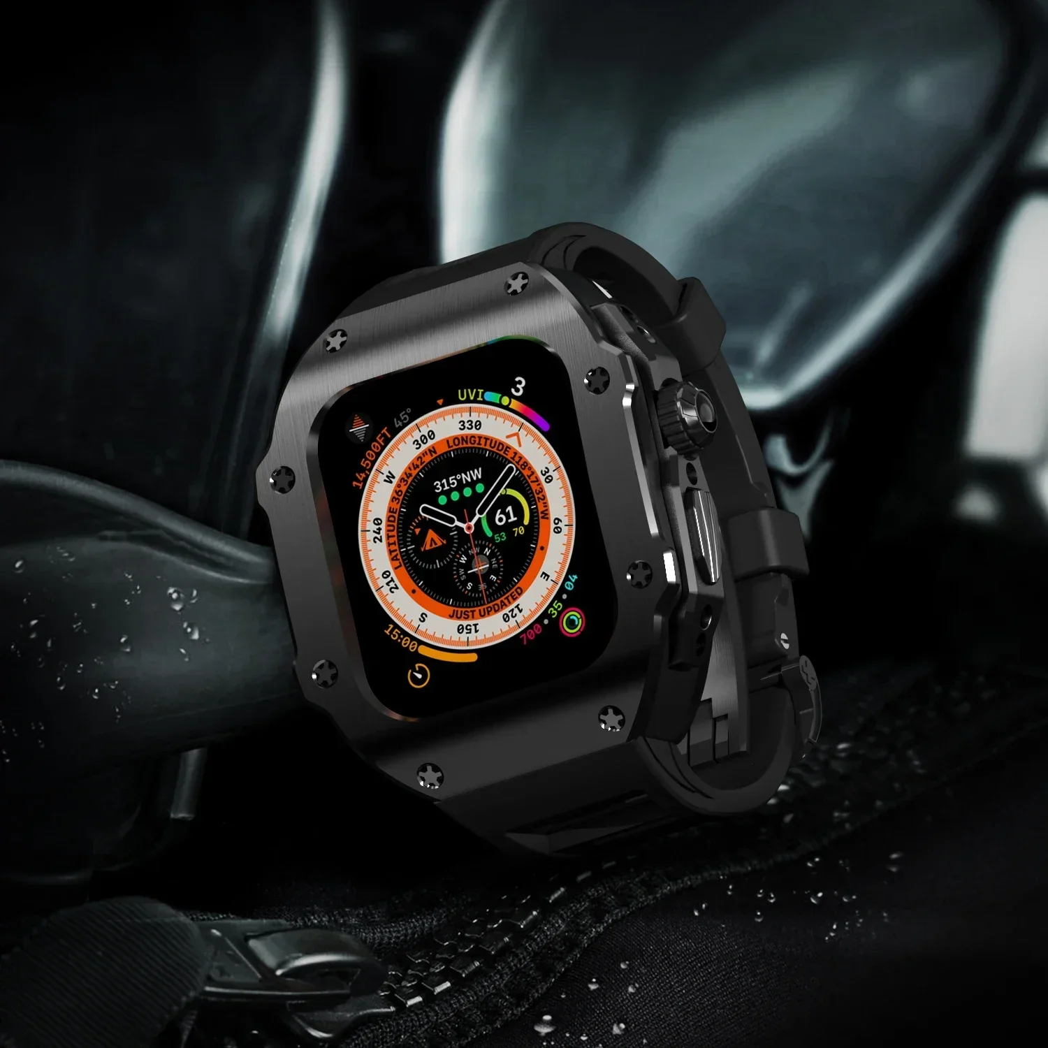 Apple Watch Ultra 2/1/49mm、9/8/7/6/5/4/SE/44mm/45mm対応 ステンレススチール製改造キット スポーツバンド iWatch ラバー交換改造パーツ