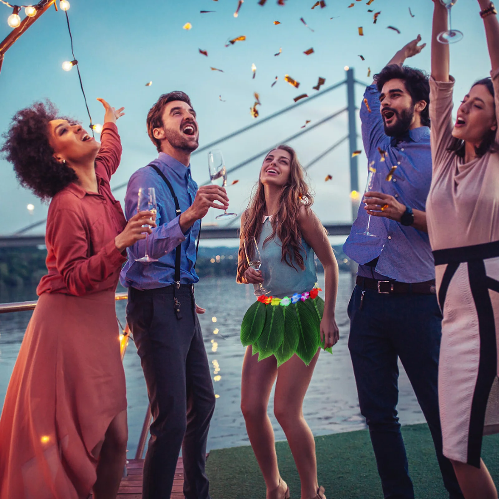 

28 Inch Tropical Leaf Skirt Colorful Handcrafted Flowers Hula Dance Costume for Women Beach Party Wedding Event Wear