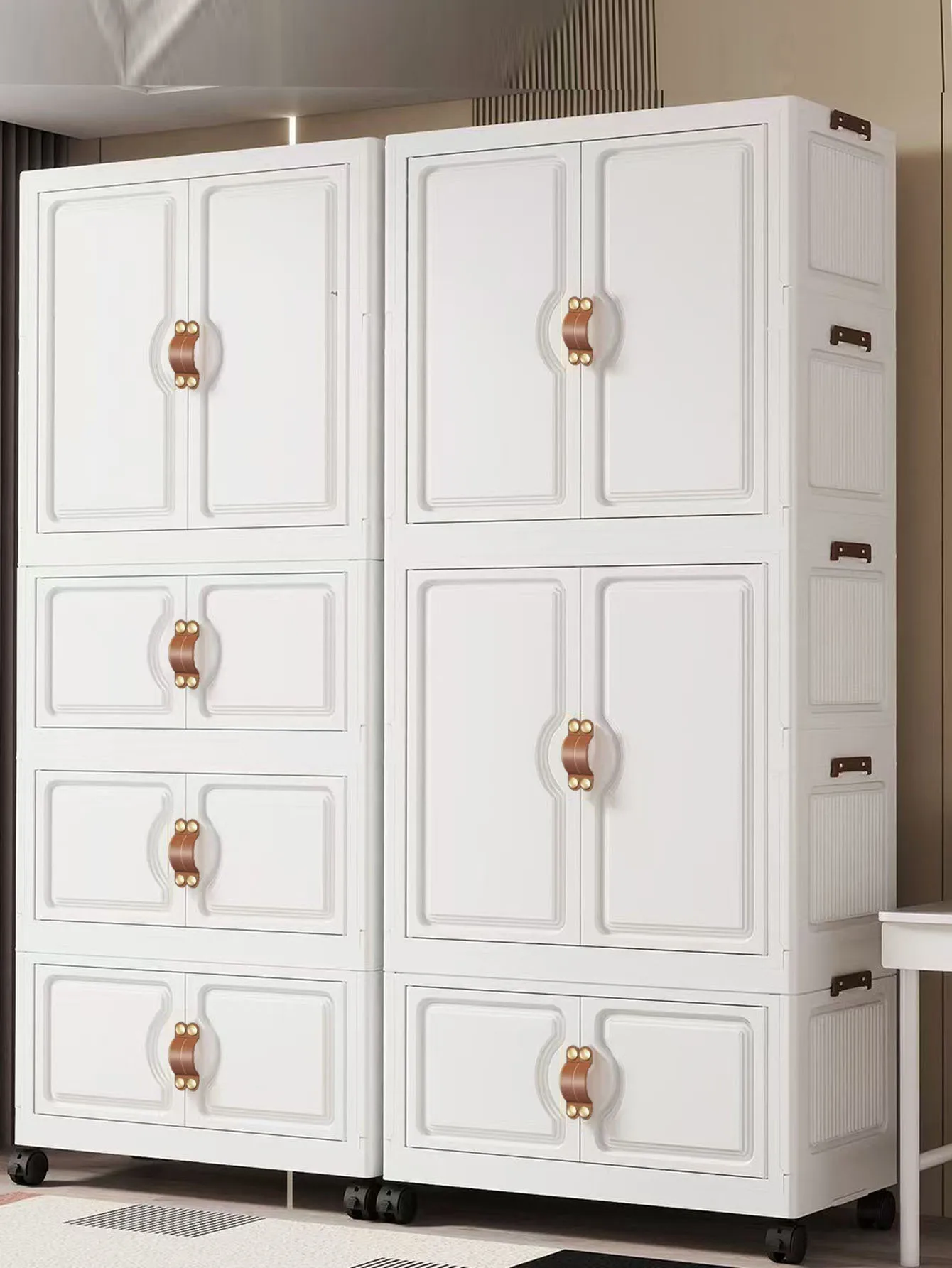 

Foldable Child's Wardrobe Large Capacity Non-Install Double Door Storage Cabinet Simple Design with Wheels Organizer Cabinet