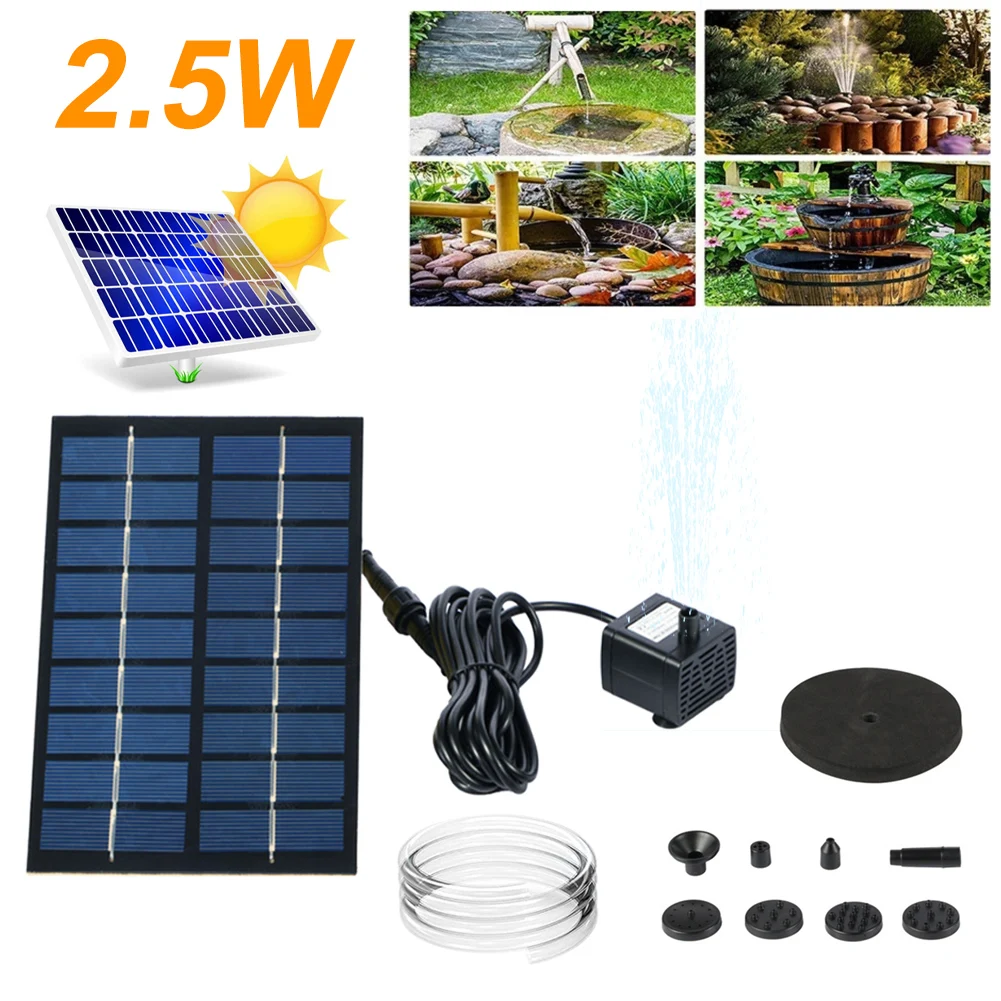 2.5W Solar Fountain Pump for Bird Bath with 6 Nozzles Floating Solar Powered Water Fountain for Garden Pools Ponds Fish Tanks