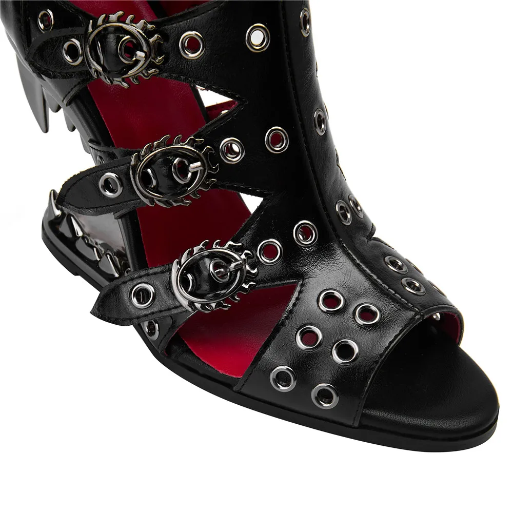 Women Gothic Pumk Style High Heels Sandals Sexy Ladies Peep Toe Round Toe Hollow-Out Rivet Shoes Woman Zipper-Sid Party Shoes image 2