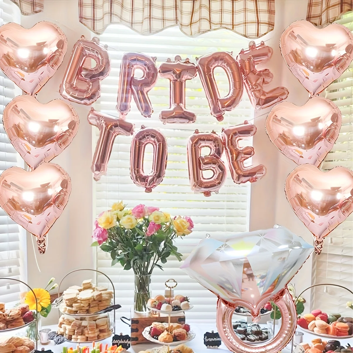 Lot de 16 ballons or rose pour future mariée, avec lettres, anneau de diamant, pompon et ballons en aluminium en forme de cœur, pour décoration de fête de bachelorette