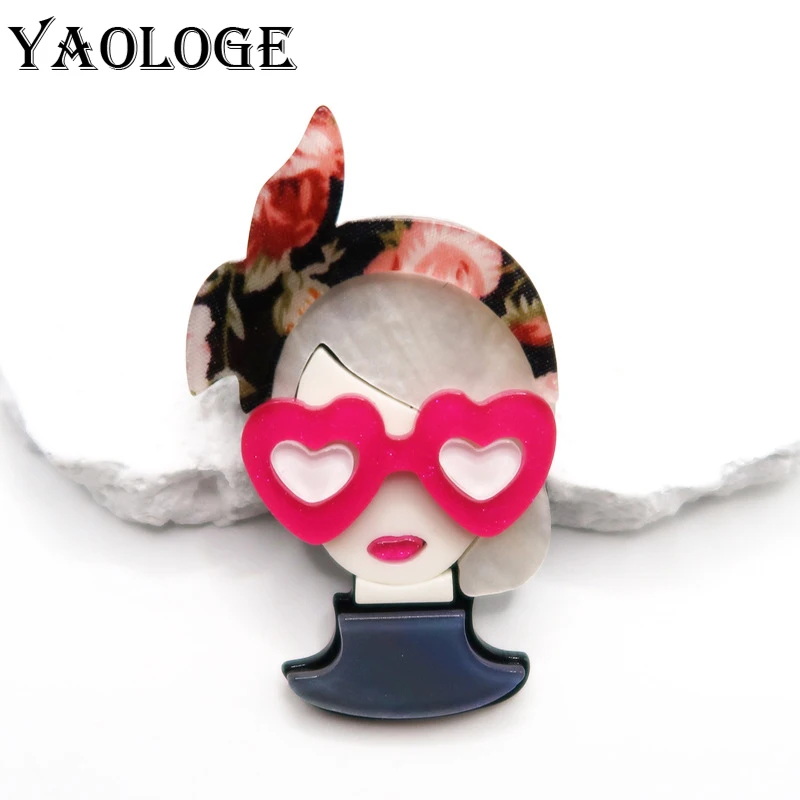 YAOLOGE 2024 New Fashion Love Glasses Girl Acrylic Brooch Original Niche Cute Portrait Corsage Clothing Brooch Accessories Gift