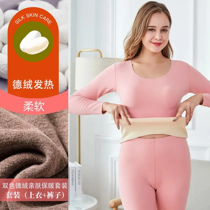 Autumn Winter Men Women Thermal Underwear Suit New V-Neck Tops Trousers Suits Pure Colour Double Fleece Warm Pullover Top Female