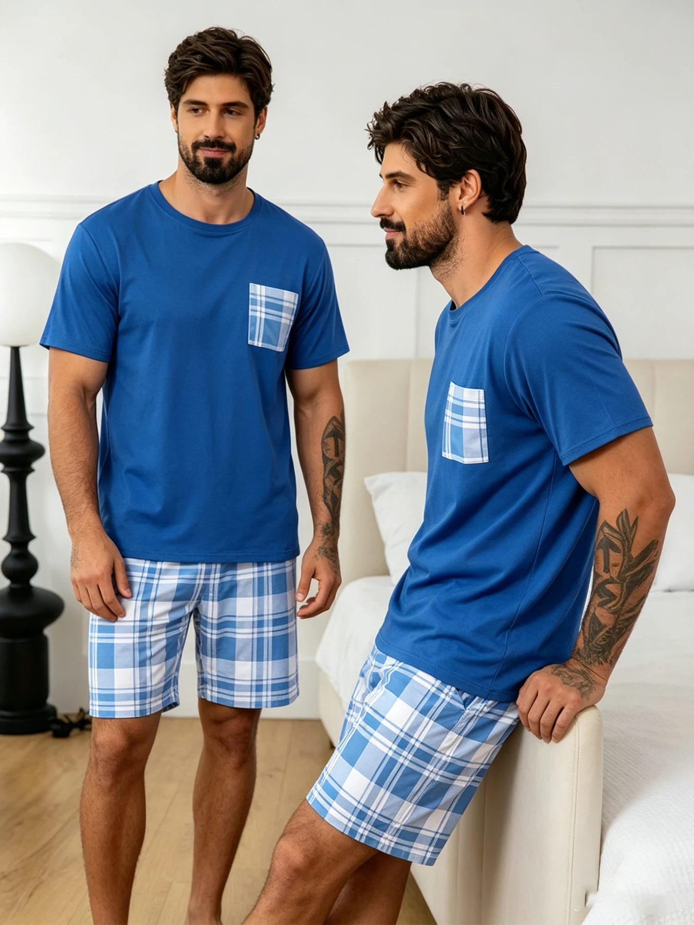 Pyjama-Set mit Buchstaben-Bär-Aufdruck, kurzärmliges Oberteil und lockere Shorts, atmungsaktiver Stoff, große Passform, Herren-Loungewear, Nachtwäsche, Pjs – Detail 21