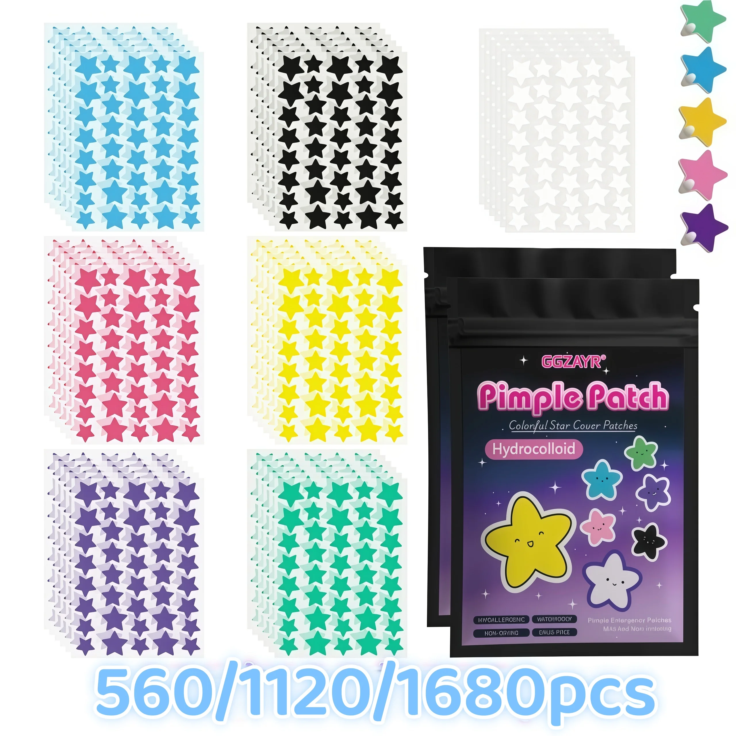 560/1120/1680 Parches Vibrantes para el Acné con Forma de Estrella, Divertidos Adhesivos Hidrocoloides, Cubren Granos e Imperfecciones, Ideales para Viajes y Seguros para la Piel