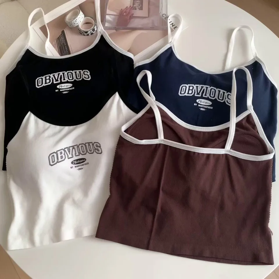 2024 Summer Letter Printing Tops Spaghetti Camisole Women With Padded Bra Crop Tops O-Neck Solid Crop Tops Sports Short Vest 1PC