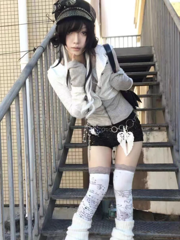 Autumn Japanese Y2k Retro Hooded Sweatshirts Women's Punk Subculture Patchwork Knit Cardigan 2000s Streetwear Print Clothes New