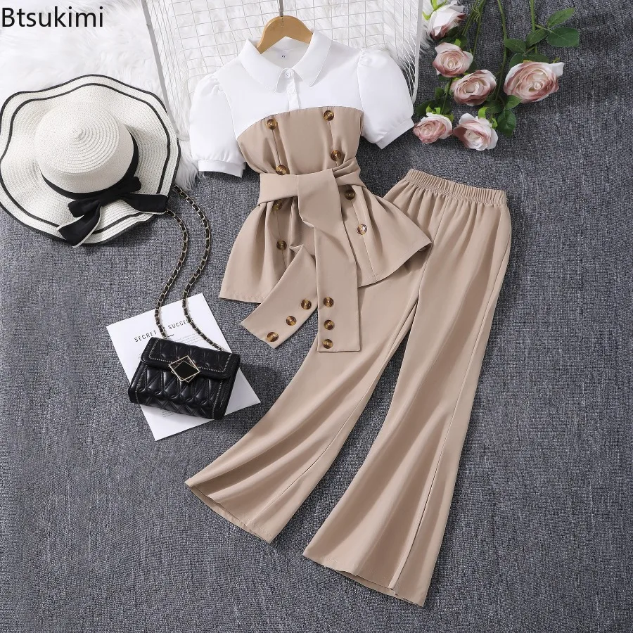 Mädchen Sommer-Set: Langarm-T-Shirt, lässige Tunika-Bluse und hochtaillierte Schlaghose – Herbst-Babyanzug