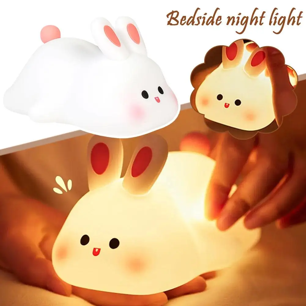 LED Cute Rabbit Night Light ABS Silicone USB Rechargeable Bedside Night Lamp Touch Sensor For Kid Girl's Bedroom Decorations