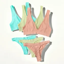 Seamless Bras Set Women Sexy Thongs Low Waist Panties Sport Ribbed Bra Tops Nonwire Bralette Wirefree Brassiere Female Intimates