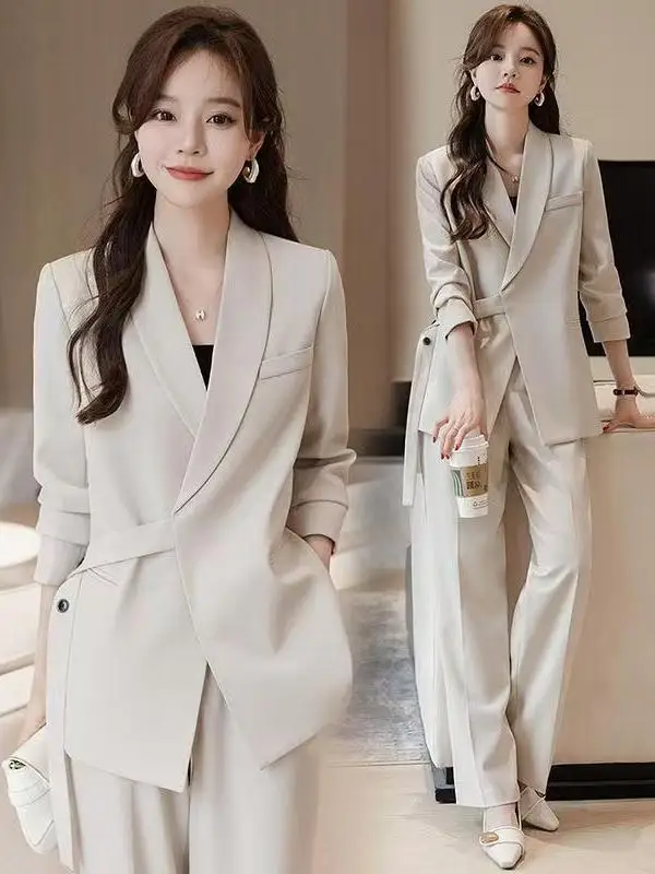plus Size Thin Suit Jacket Women Early Autumn New Korean Version Elegant High-End Feel Belted Wide Leg Pants Two-Piece Set