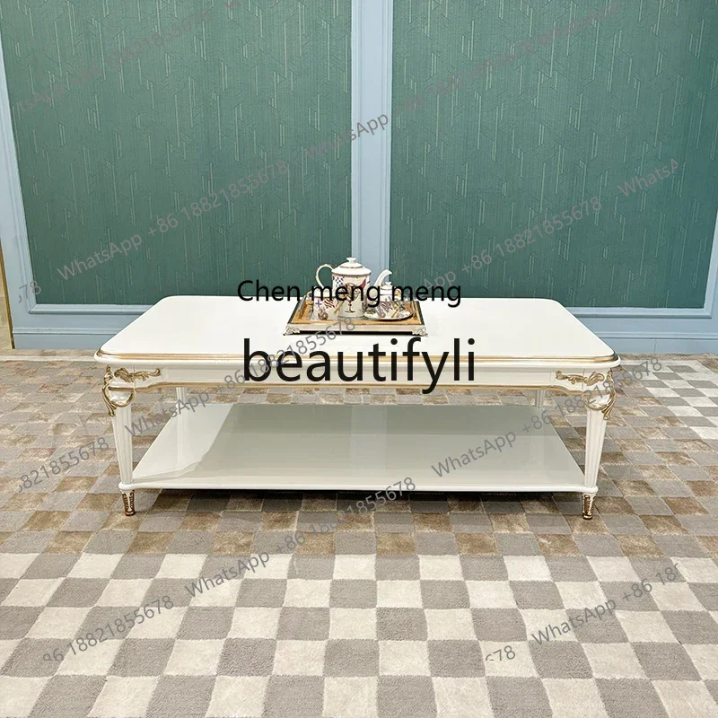 

French solid wood coffee table, luxury rectangular solid wood carving double-layer tea table living room furniture6220