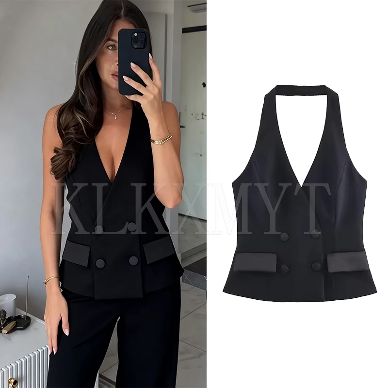 

Women Fashion Halter V Neck Vests Top Vintage Solid Front Button Sleeveless Waistcoat Summer Casual Female Chic Vest Tops ﻿