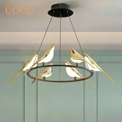 Modern LED Gold Magpie Bird Ceiling Chandelier for Dining Room Luminaire Suspension Pendant Lamp Decorative Lighting Lustre