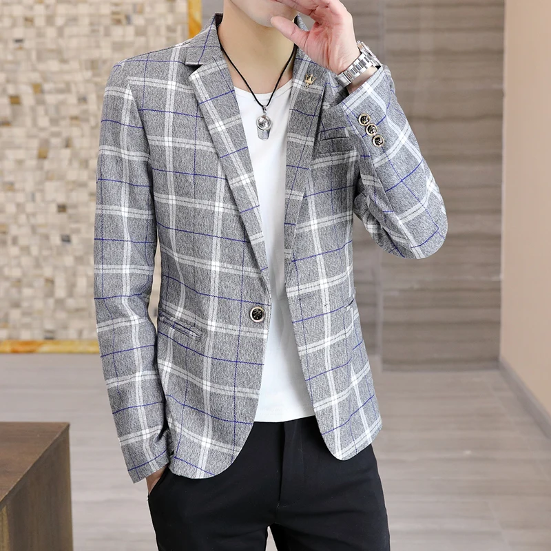 

Slim Fit Korean Sle Men's Suit Casual Faionable Spring Autumn New Arrival omsmen Coat Ele Plaid Patterned Long Sve