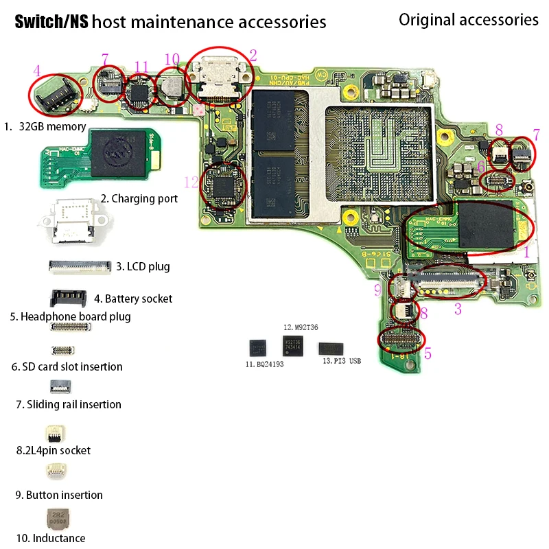 1Pcs New Motherboard Chip Type-C Charging Port 2R2 Coil Slide Card Slot Battery ZL Socket LCD Screem FPC Connector For Switch