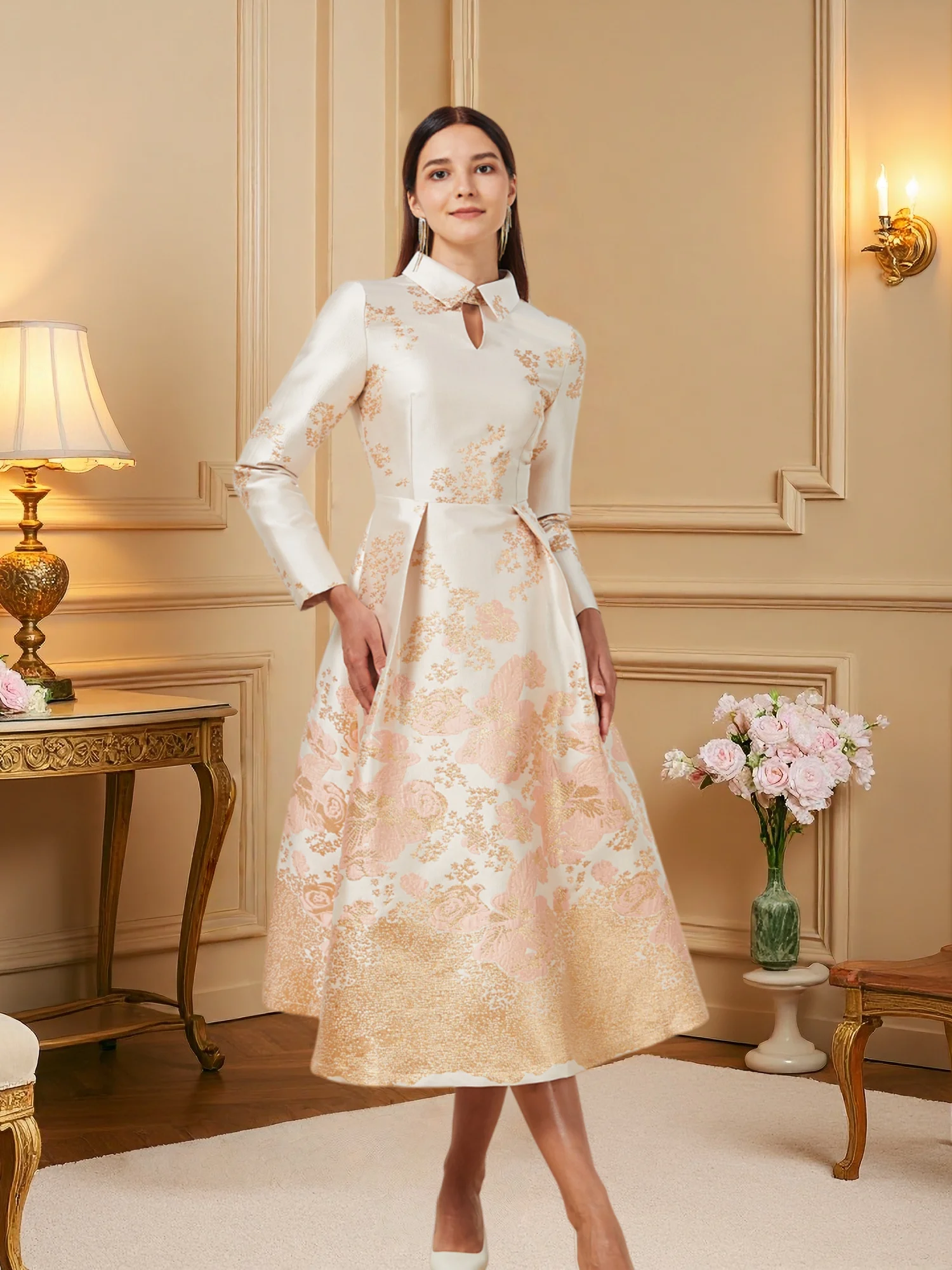 Champagne Pink Gradient Jacquard Dress with Mandarin Collar Lace-Up Waist Flared Hem — Light Luxury Banquet Gown