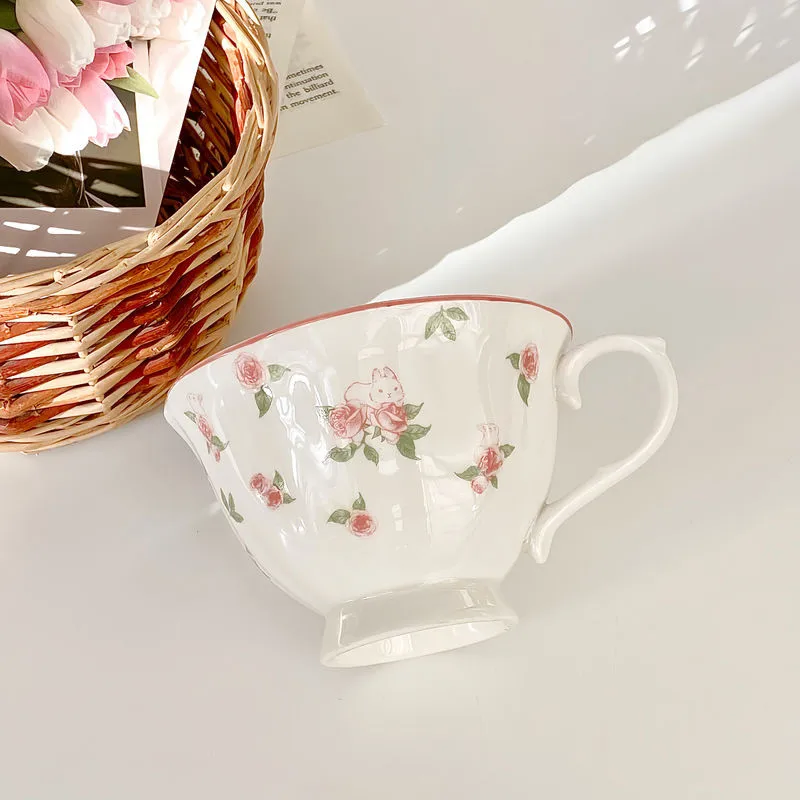 Pretty Pink Rose With Cute Rabbit Ceramics Coffee Cup and Saucer Set English Afternoon Tea Cup Mug 250ml