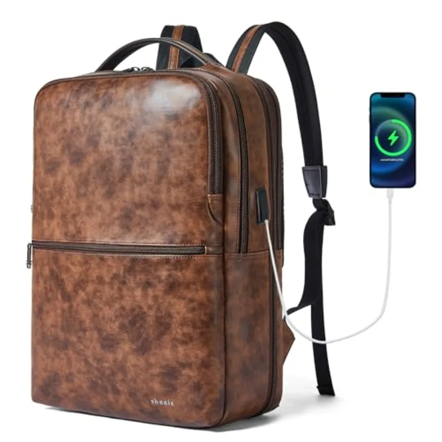 

Vegan Leather Laptop Backpack for WomenandMen, 16 Inch Expandable Backpack with USB Charging Port