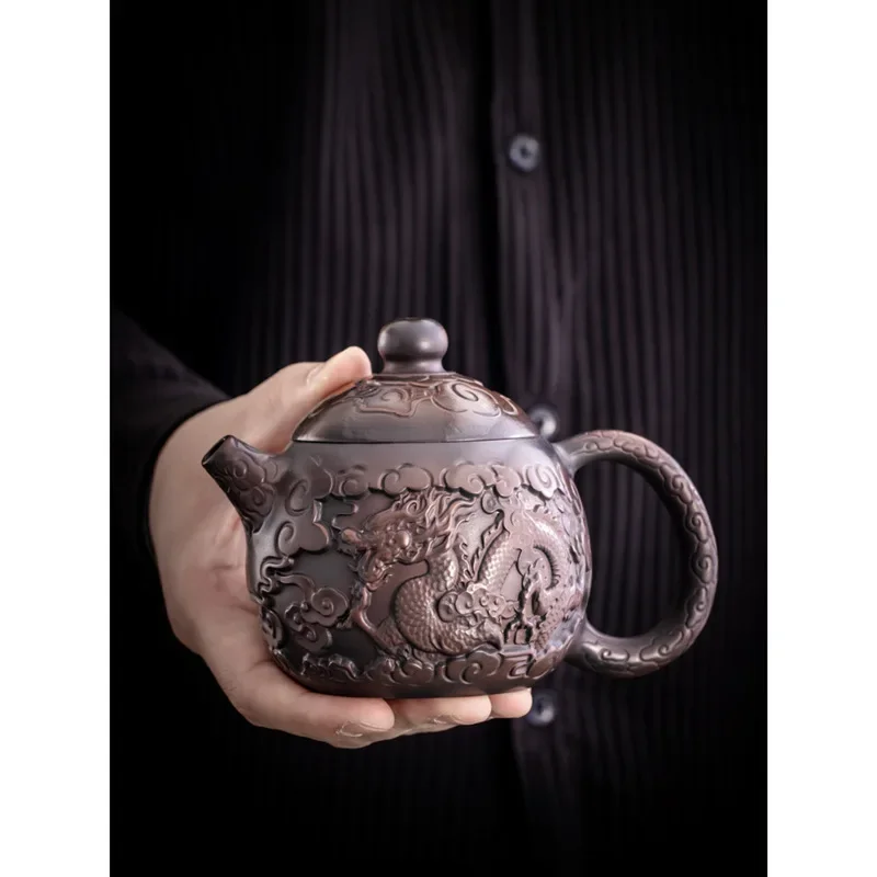 Hand-carved Purple Pottery Teapot, Auspicious Dragon and Phoenix Teapot, Pile-carved Tea Set, Household Kung Fu Tea Set Gift