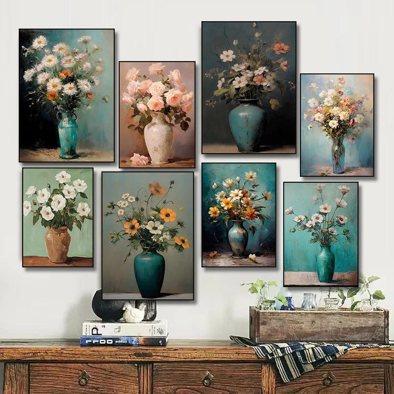 Vintage White Flowers in Teal Vase Flower Bouquet Wildflower Botanical Poster  Canvas Painting Print Cottagecore Room Home De